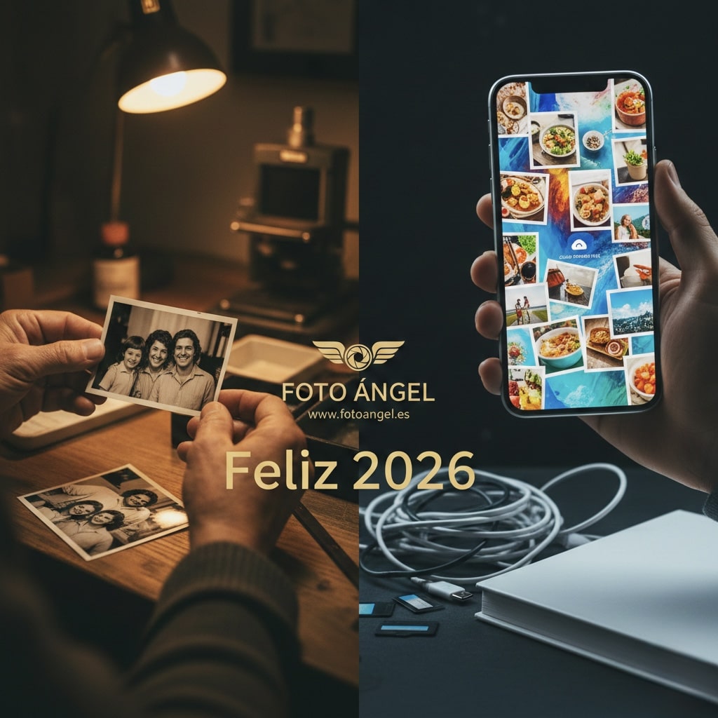 Recuerdas cuando cada disparo era oro? Con el carrete, elegíamos el momento perfecto con sumo cuidado, sabiendo que solo había una oportunidad. La emoción de llevarlo a revelar y esa espera ansiosa... ¡qué tiempos! 🎞️ Eran tesoros en papel, historias que podíamos tocar y revivir. Ahora, nuestros móviles están repletos de cientos, miles de fotos. Hacemos 20 del mismo instante y, al final, muchas se quedan olvidadas en la galería, perdidas en la nube o, peor aún, ¡borradas por falta de espacio! 😱 En @fotoangelargazkiak, creemos que tus recuerdos merecen más que una pantalla. Merecen ser impresos, sentidos y compartidos, ¡como los tesoros que realmente son! 💖 ✨ ¡A todos nuestros clientes! Queremos daros las GRACIAS de corazón por vuestra confianza un año más. Es un privilegio ayudaros a preservar esos momentos tan especiales. Desde Foto Ángel, os deseamos un ¡Feliz 2026! Que el nuevo año os traiga muchísimos instantes dignos de ser recordados... ¡y revelados! 😉